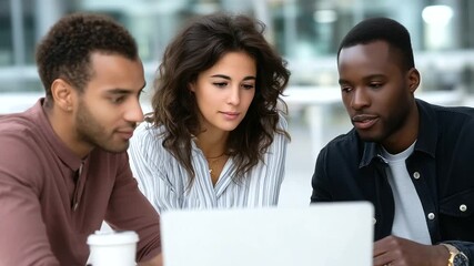 Diverse group of three professionals, one with laptop, one with notepad, and one with coffee, discussing graphs near window, relaxed but focused mood. team discussion office, three