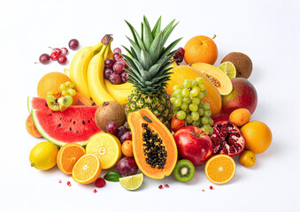 Colorful Assortment of Fresh Tropical Fruits Isolated on White Background