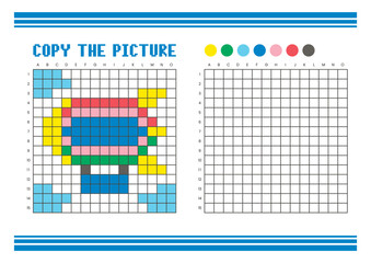 Copy the picture grid drawing worksheet for kids. Pixel art zeppelin © Adpragus
