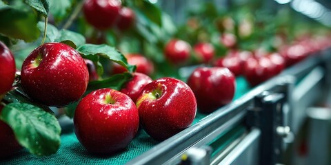 Shiny red s move along a modern conveyor belt, part of an automated 4-giga standard fruit production line within a contemporary processing plant.