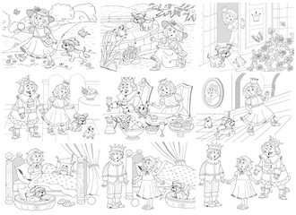 The Frog Prince. Fairy tale. Coloring page. Set of cute illustrations for children