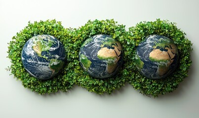 Three Earth globes, each encircled by greenery, set against a plain white background