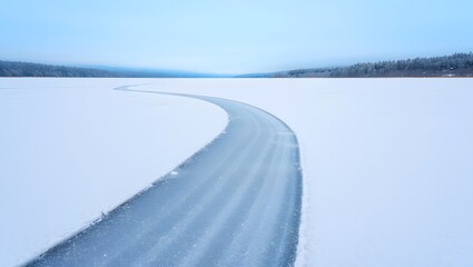 Obraz premium Serene Winter Landscape: Frozen River Path Through Snowy Wilderness, Minimalist Blue Tone