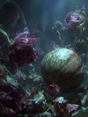 Past&egrave;que et fleurs fan&eacute;es en suspension sous l&rsquo;eau, composition artistique et surr&eacute;aliste &agrave; la lumi&egrave;re douce