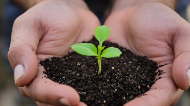 Hands holding a small green sprout in soil, symbolizing growth and new life concept