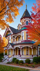 A magnificent Victorian-style house with a wraparound porch and an intricate turret. The house is painted in bright colors and is surrounded by vibrant autumn trees.