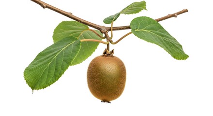 Ripe fuzzy kiwi fruit hanging from a branch with green leaves