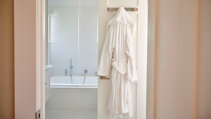 Spa-like Bathroom: White Bathrobe Hanging on Door, Modern Minimalist Design, Serene Atmosphere