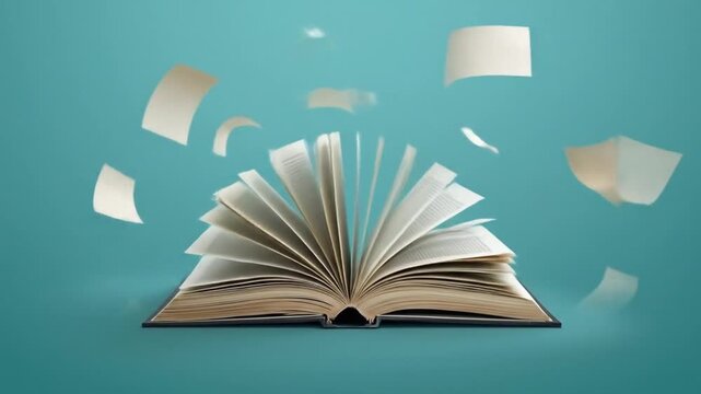 An open book with pages fluttering in mid-air against a teal background, symbolizing knowledge and creativity