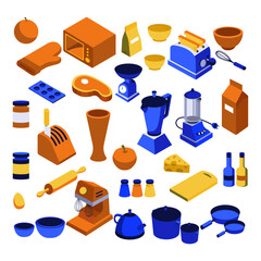 Kitchen utensils icons set, colorful classic 3D sketch collection