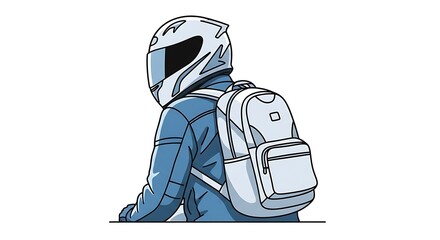A person wearing a light-blue jacket, a white motorcycle helmet, and a light-gray backpack, viewed from behind.
