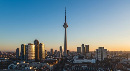 City skyline at sunset with a prominent observation tower and modern high-rise buildings
