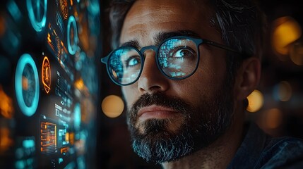 A focused man wearing glasses looks at a glowing futuristic digital data interface