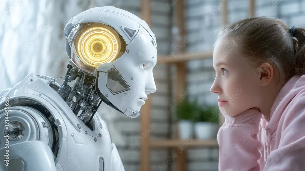 Poster young girl in pink sweater closely observes advanced white humanoid robot with luminescent eye mecha
