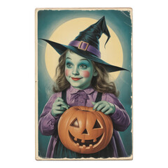 Little witch holding a pumpkin on halloween night on transparent background
