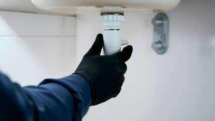 Hand with gloves tightening a pipe under the sink, clean modern kitchen environment