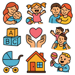 Hand-drawn cartoon family icon set isolated on white background. Motherhood, fatherhood, childhood, love. Vector illustration.