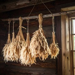 Dried grasses hanging in rustic wooden interior