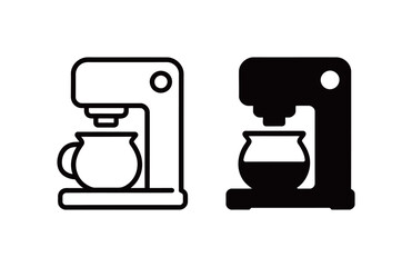 Set of black and white coffee maker icons, representing a popular kitchen appliance for brewing coffee.