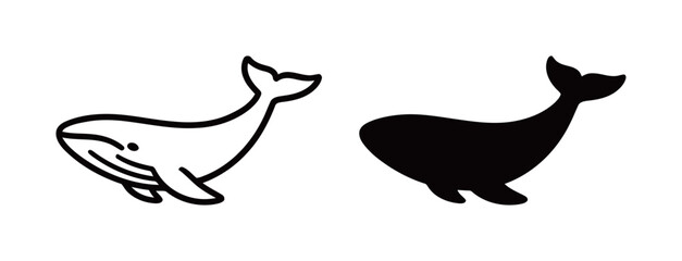 Black and white whale icons, featuring a large marine mammal for ocean and wildlife themes.