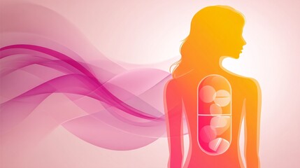 illustration showing a transparent, human-shaped outline. The outline is filled with a flowing, vibrant liquid of various colors, representing the nutrients from capsules being absorbed by the 