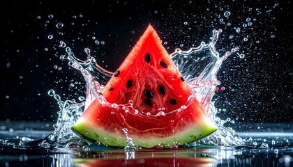 A vibrant, triangular slice of watermelon is captured mid-splash, surrounded by a dynamic burst of water droplets against a dark background.