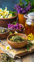 Dried herbs and flowers in wooden bowls