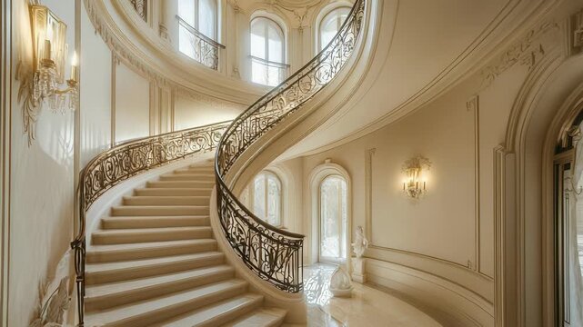 Elegant Spiral Staircase in Luxurious Interior with Ornate Iron Railing, Marble Floors, and Decorative Wall Sconces in a Grand Foyer