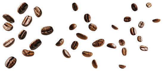 Obraz premium PNG Scattered roasted coffee beans aroma, element set on transparent background