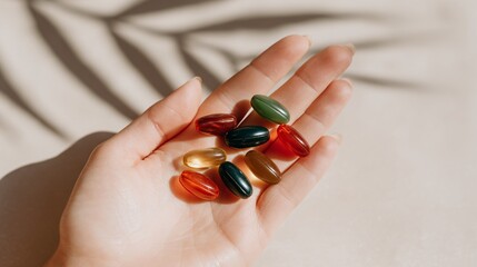 adult holding colorful supplement capsules in open palm against a clean, white background. Bright natural lighting and soft shadows. Minimalist composition with copy space on the left. [Human]:[Capsul