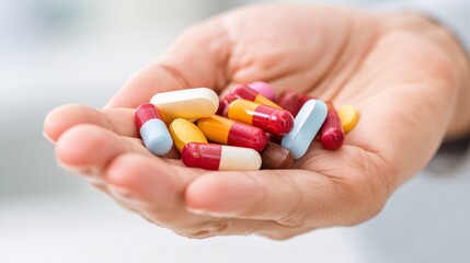 adult holding colorful supplement capsules in open palm against a clean, white background. Bright natural lighting and soft shadows. Minimalist composition with copy space on the left. [Human]:[Capsul