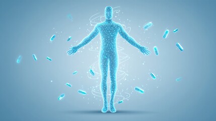 illustration of healthy human silhouette with capsules orbiting around the body, highlighting internal wellness and supplement interaction. Light blue gradient background with copy space. [Human]:[Cap