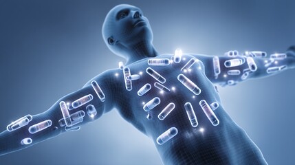 illustration of healthy human silhouette with capsules orbiting around the body, highlighting internal wellness and supplement interaction. Light blue gradient background with copy space. [Human]:[Cap