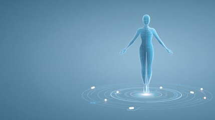 illustration of healthy human silhouette with capsules orbiting around the body, highlighting internal wellness and supplement interaction. Light blue gradient background with copy space. [Human]:[Cap