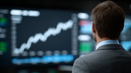 High-tech financial office interior featuring businessman reaching toward massive transparent holographic screen with candlestick charts, profit growth lines, and digital economic data overlays