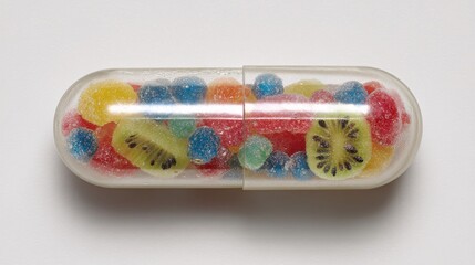 of transparent capsule breaking open to reveal vibrant fruits and herbs inside, symbolizing natural health. Clean white background with upper copy space. [Human]:[Capsules] natural supplement 