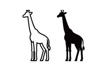 Naklejka premium Tall giraffe animal icon set. African wildlife creature with long neck in outline and solid black silhouette. Simple vector symbol for nature and safari.