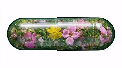 of transparent capsule breaking open to reveal vibrant fruits and herbs inside, symbolizing natural health. Clean white background with upper copy space. [Human]:[Capsules] natural supplement 