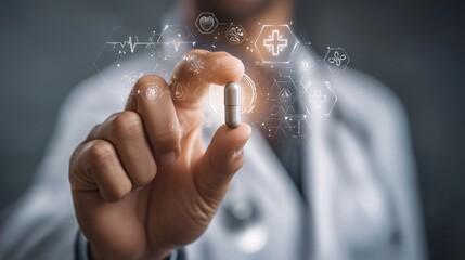professional holding a capsule between fingers with futuristic health icons floating around. Studio lighting and blurred background with space for copy at bottom. [Human]:[Capsules] doctor holding 