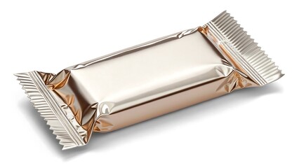 Chocolate candy bar in silver wrapper isolated on white background snack packaging

