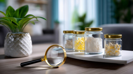 White table with probiotics jars, magnifier spotlighting key details.
