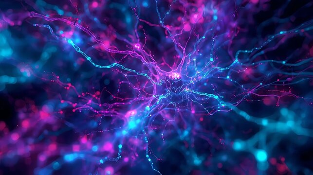 Abstract visualization of interconnected neural pathways with glowing blue and pink nodes and tendrils, suggesting brain activity or a cosmic network. - Powered by Adobe