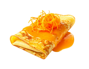 Crêpes Suzette with Orange Zest Garnish, Angled Composition, isolated