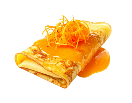 Crêpes Suzette with Orange Zest Garnish, Angled Composition, isolated