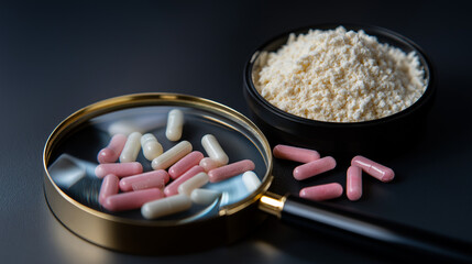 Probiotic sachets under magnifier showing powder granules enlarged.