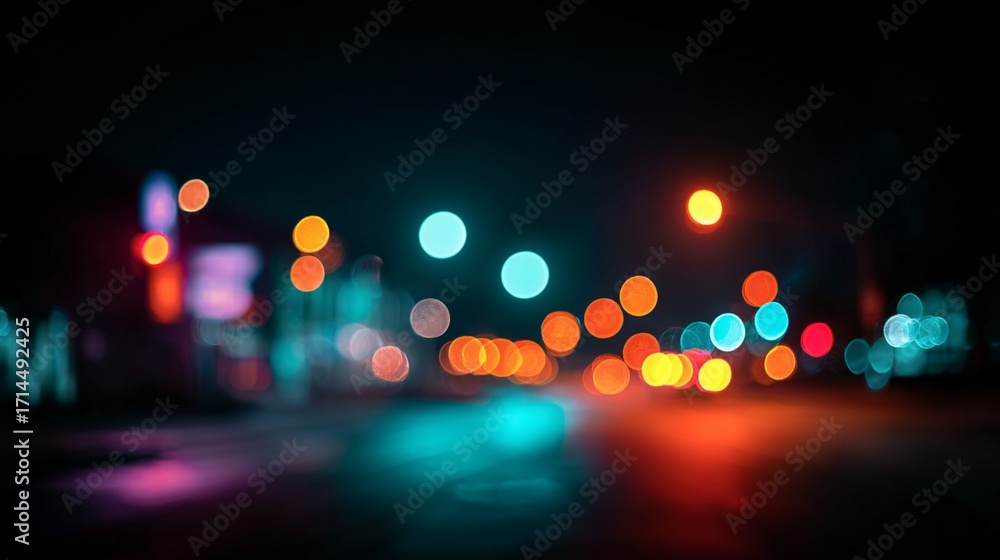 Poster vibrant city nightscape with blurred colorful lights creating a mesmerizing bokeh effect, capturing 
