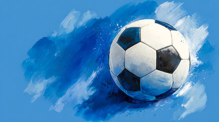 Fototapeta premium Soccer ball on a blue watercolor background, with brush paint strokes