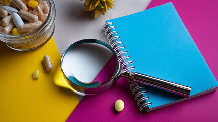 Flat lay composition: magnifying glass + probiotics + notebook for research.