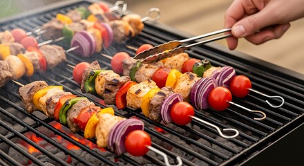 Colorful skewers of grilled meat and vegetables are being turned on a hot barbecue grill.