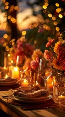 A beautifully arranged dinner table adorned with vibrant flowers and candles, perfect for a romantic evening or festive gathering amid warm, glowing lights.